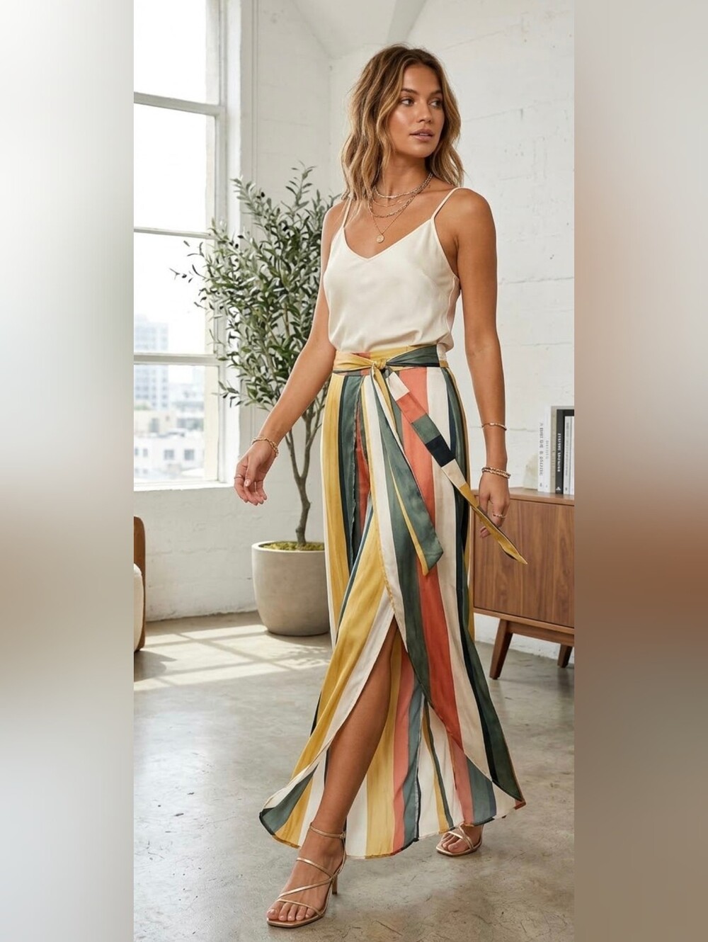 Mystree Striped High Rise Tulip Wrap Palazzo Pants Flowy Split Leg M
